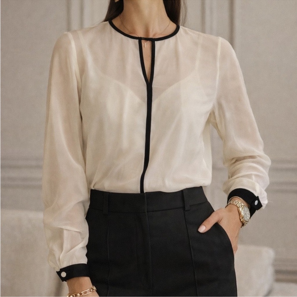 White Blouse with Black Trim Long Sleeve